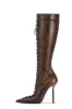 Laced-Up Tapered Pointed Toe Ankle High Stiletto Boots - Brown sold by Floralkini