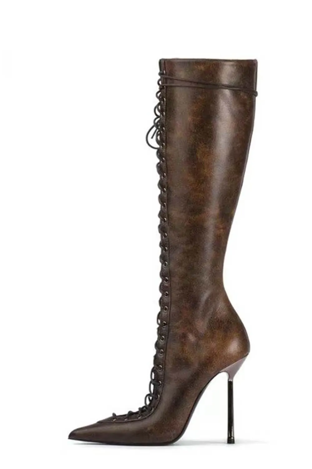 Laced-Up Tapered Pointed Toe Ankle High Stiletto Boots - Brown sold by Floralkini product image thumbnail 2