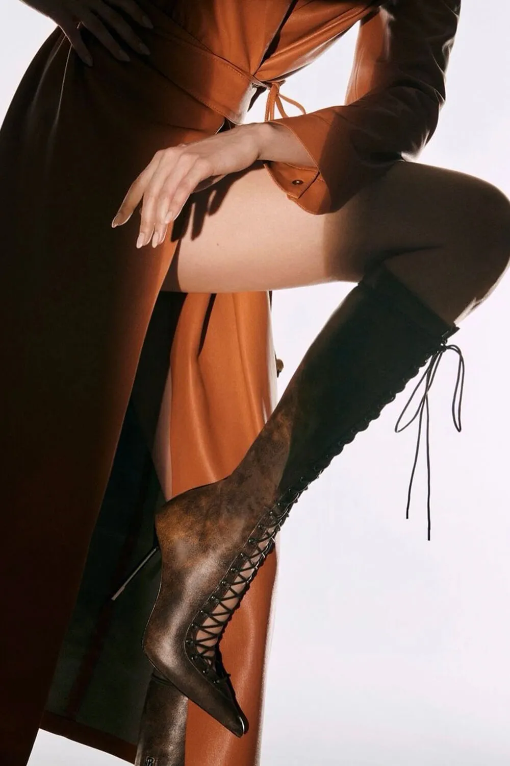 Laced-Up Tapered Pointed Toe Ankle High Stiletto Boots - Brown sold by Floralkini