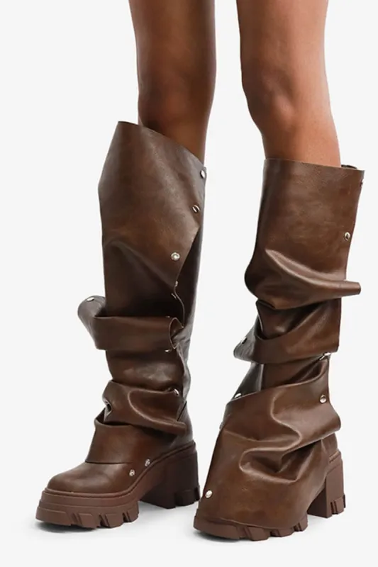 Ruffled Popper Detail Mid-Calf Platform Combat Boots - Brown sold by Floralkini