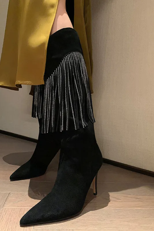 Crystal Fringe Suede Mid-Calf Pointed Toe Stiletto Heel Boots sold by Floralkini