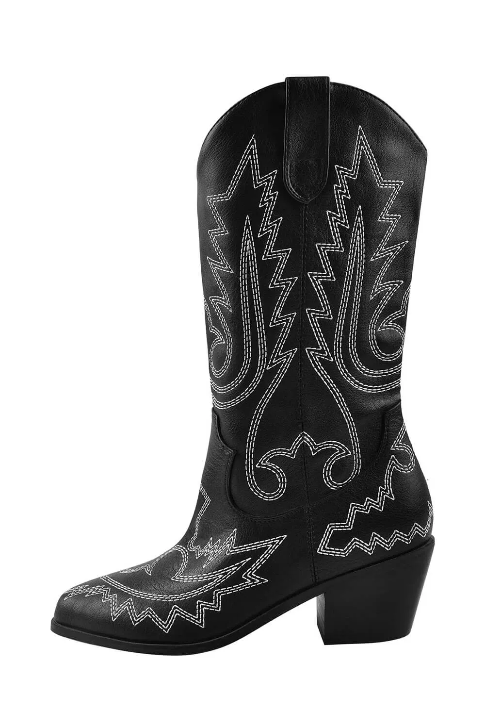 Black And White Embroidered Western Cowboy Pointed-Toe Mid-Calf Boots sold by Floralkini