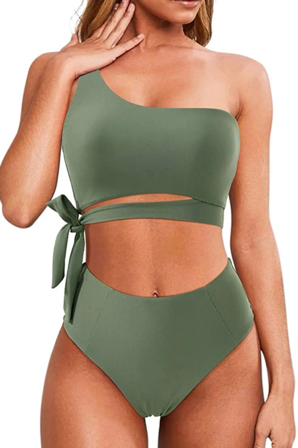 Green One Shoulder Tie Side Bikini Top sold by Floralkini