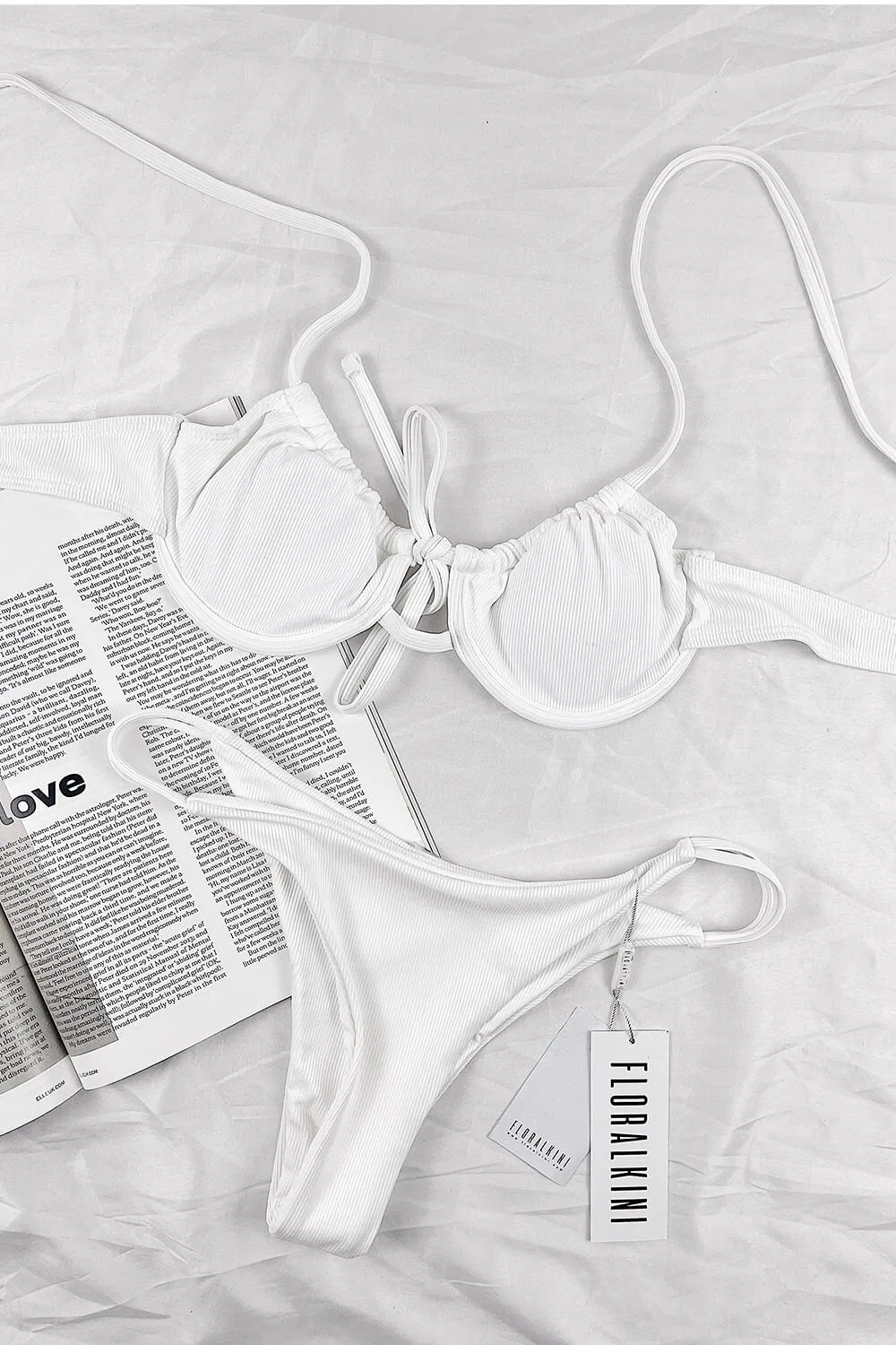 White Ribbed Tie Front Underwire Bikini Top sold by Floralkini product image thumbnail 2