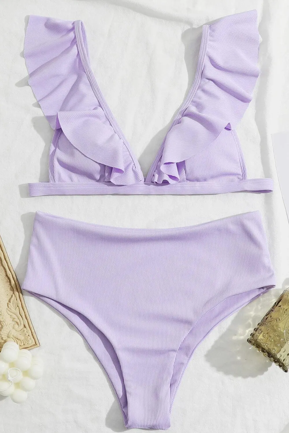Lilac Ribbed Flutter Sleeve Plunge Triangle Bikini Top sold by Floralkini product image thumbnail 2