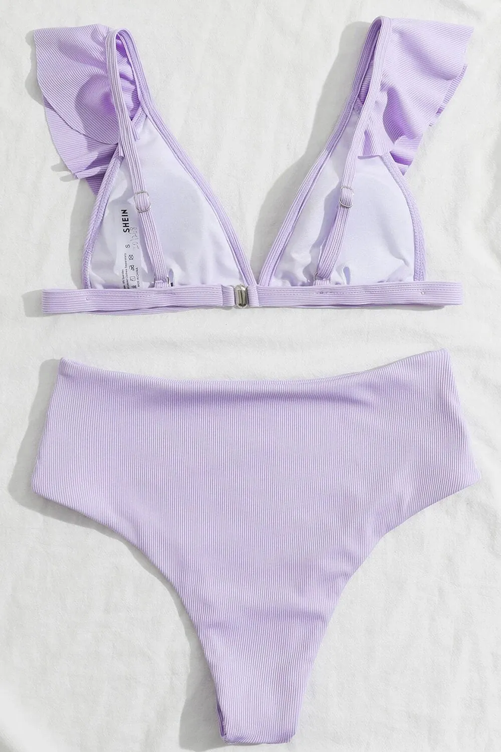 Lilac Ribbed Flutter Sleeve Plunge Triangle Bikini Top sold by Floralkini product image thumbnail 3