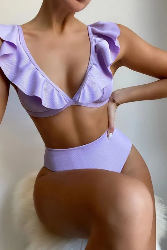 Lilac Ribbed Flutter Sleeve Plunge Triangle Bikini Top sold by Floralkini