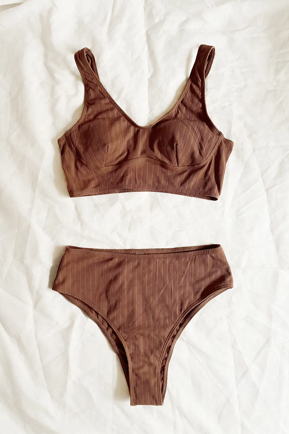 Chocolate Ribbed Plunge Neck Underwire Long Line Bikini Top sold by Floralkini product image thumbnail 2