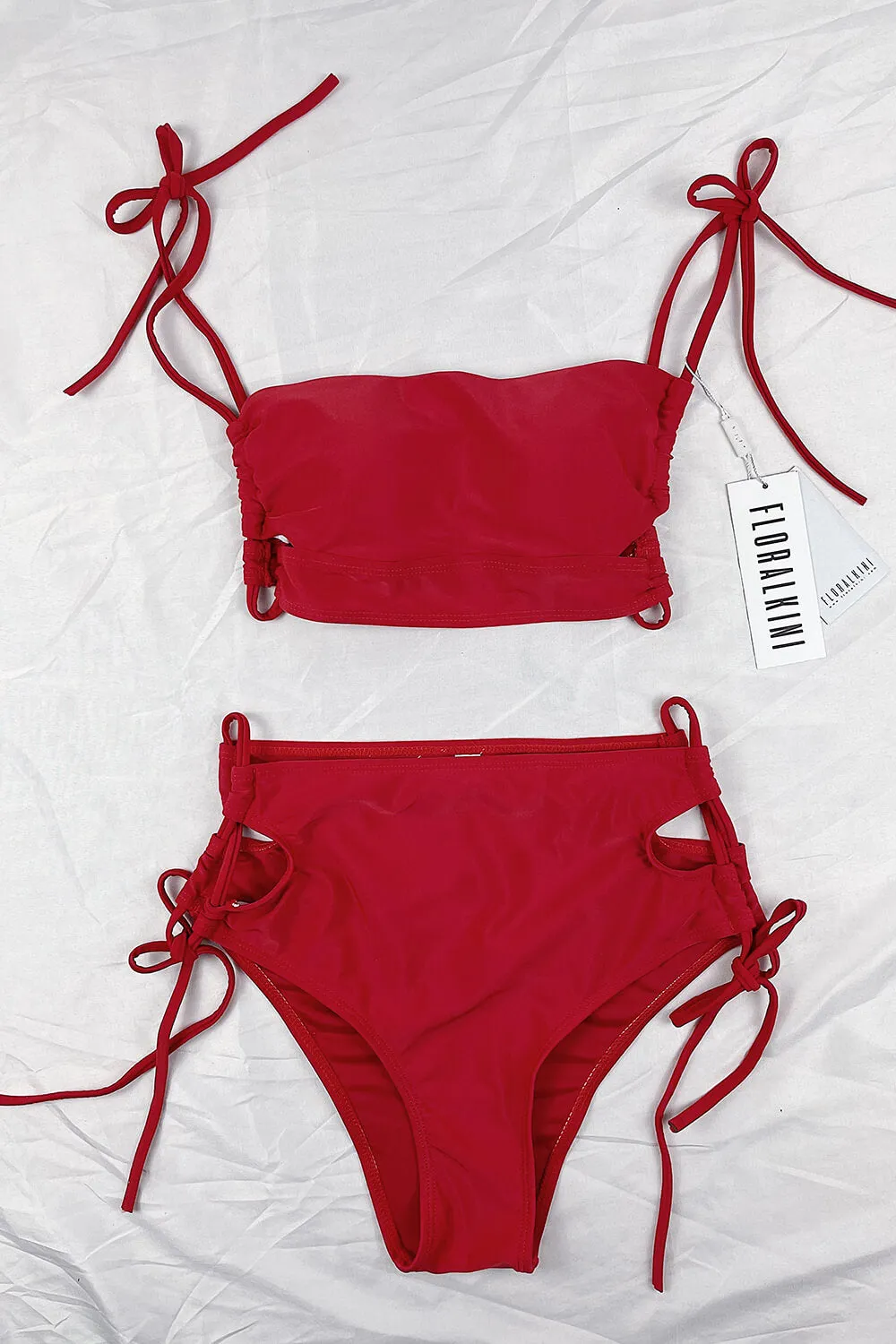 Red Criss Cross Cutout Lace-Up Side Long Line Bandeau Bikini Top sold by Floralkini