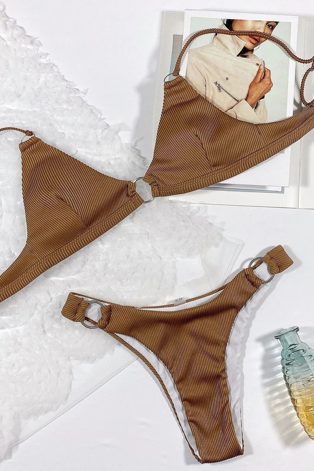 Chocolate Ribbed Ring Detail Triangle Bikini Top sold by Floralkini product image thumbnail 3