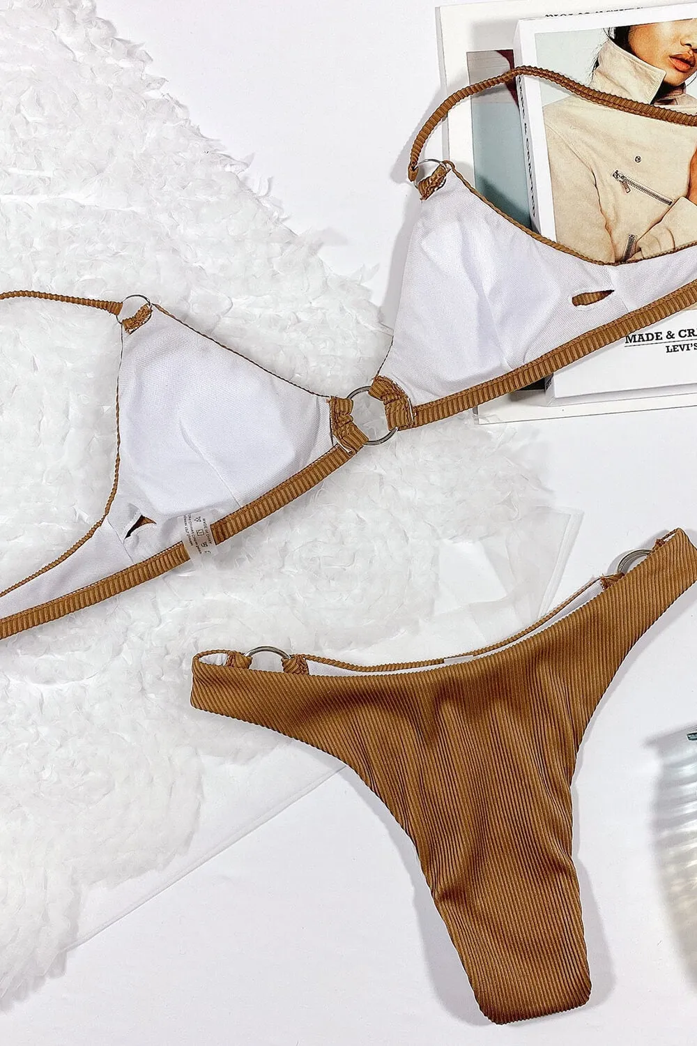 Chocolate Ribbed Ring Detail Triangle Bikini Top sold by Floralkini product image thumbnail 4