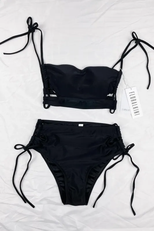 Black Lattice Side High Waisted Bikini Bottoms sold by Floralkini