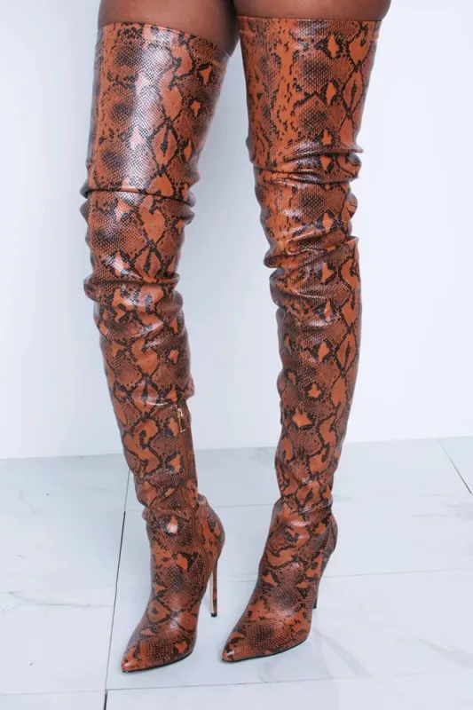 Orangered Snake Print Stiletto Thigh High Boots sold by Floralkini
