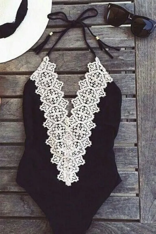 Floralkini Crochet Trim Halter One Piece Swimwear sold by Floralkini