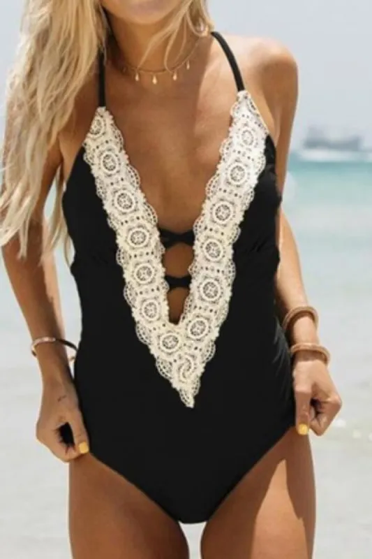 Floralkini Lace Trim Plunge One Piece Beachwear sold by Floralkini