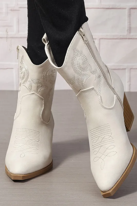 Western Embroidered Cowboy Pointed Toe Block Heeled Ankle Boots sold by Floralkini