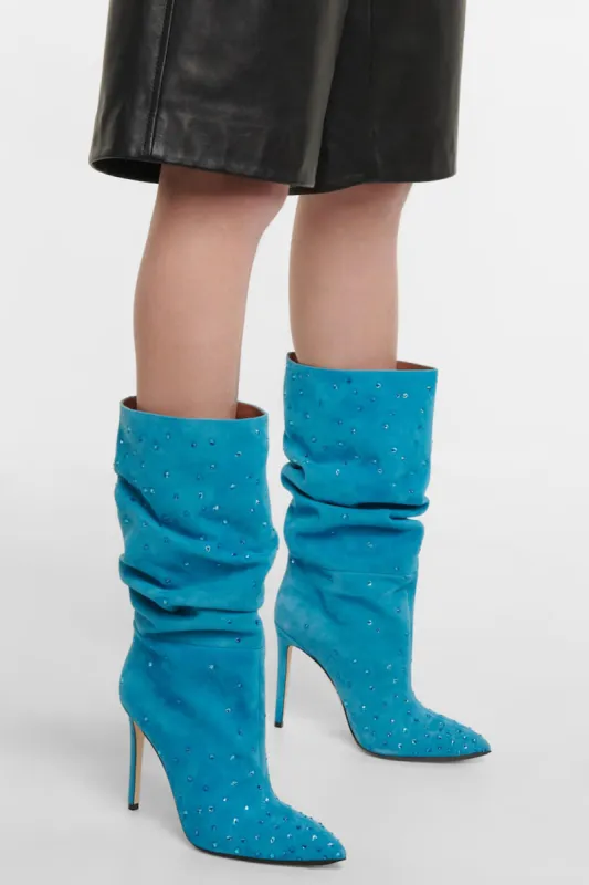 Crystal Embellished Faux Suede Ruched Slouch Mid-Calf Pointed Toe Stiletto Heel Boots sold by Floralkini
