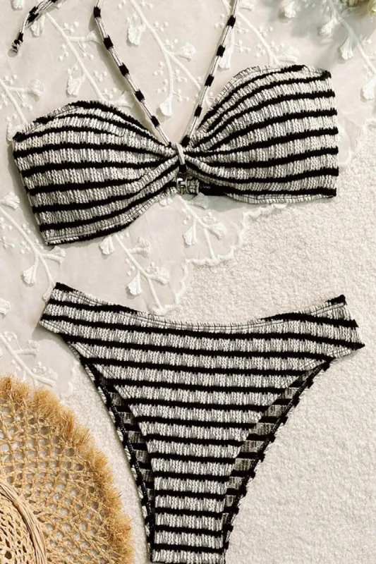 Black White Striped Textured Bandeau Hater Bikini Set sold by Floralkini