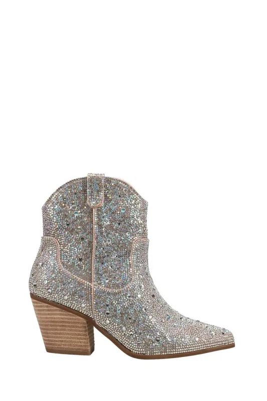 Rhinestone-Embellished Western Cowboy Pointed Toe Block Heeled Ankle Boots sold by Floralkini