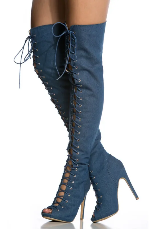 Denim Lace Up Peep Toe Thigh High Boots - Darkblue/Lightblue sold by Floralkini