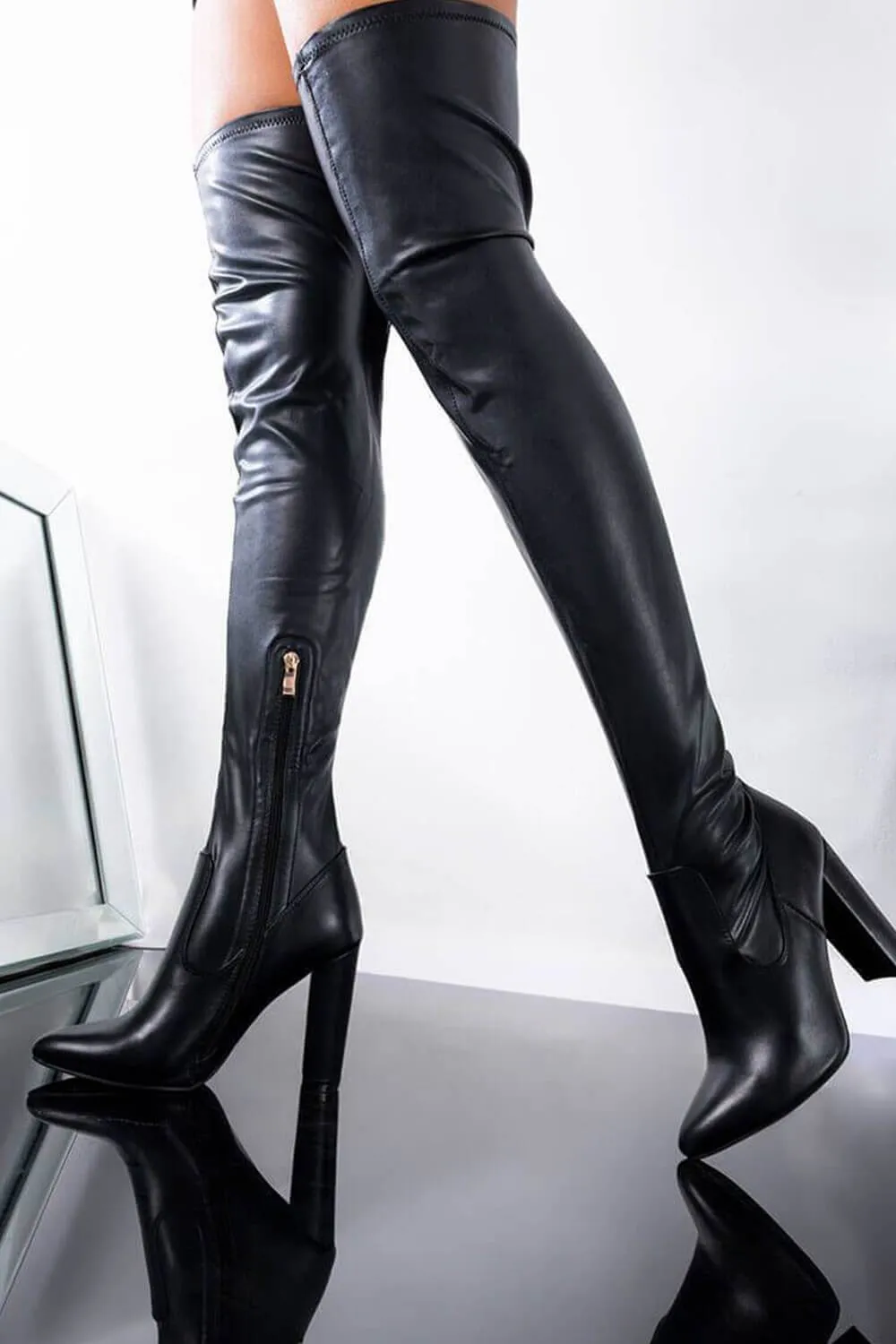 Black Faux Leather Block Heel Over The Knee Thigh High Boots sold by Floralkini product image thumbnail 4
