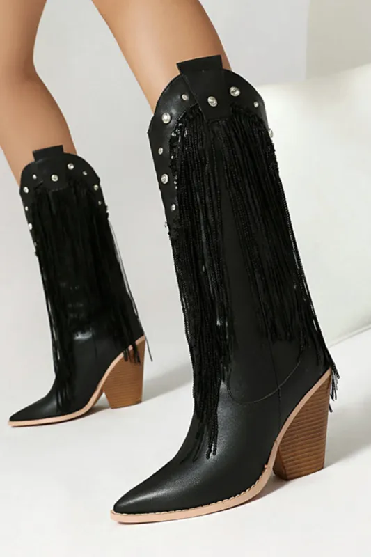 Sequin Embellished Fringe Western Cowgirl Mid-Calf Pointed Toe Block Heel Boots sold by Floralkini
