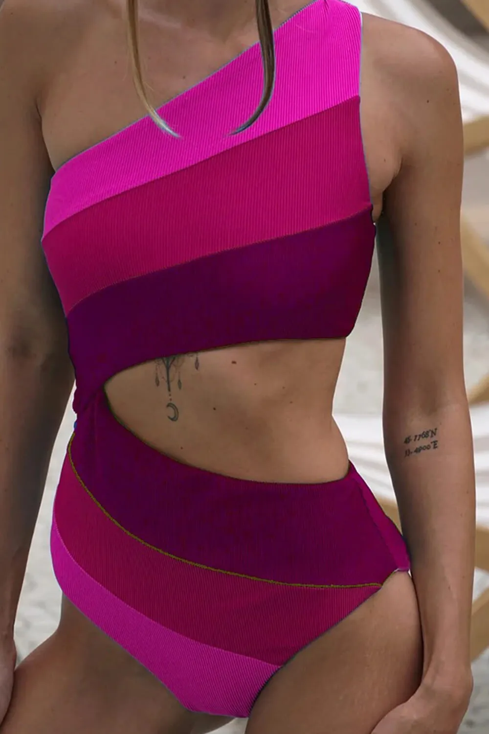 Ribbed Colorblock Cut Out One Shoulder One Piece Swimsuit sold by Floralkini