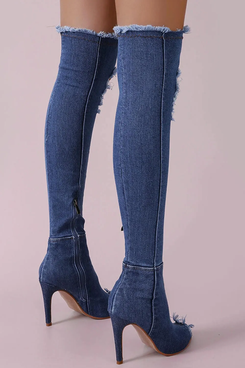 Denim Distressed Peep Toe Over-The-Knee Stiletto Boots sold by Floralkini product image thumbnail 3