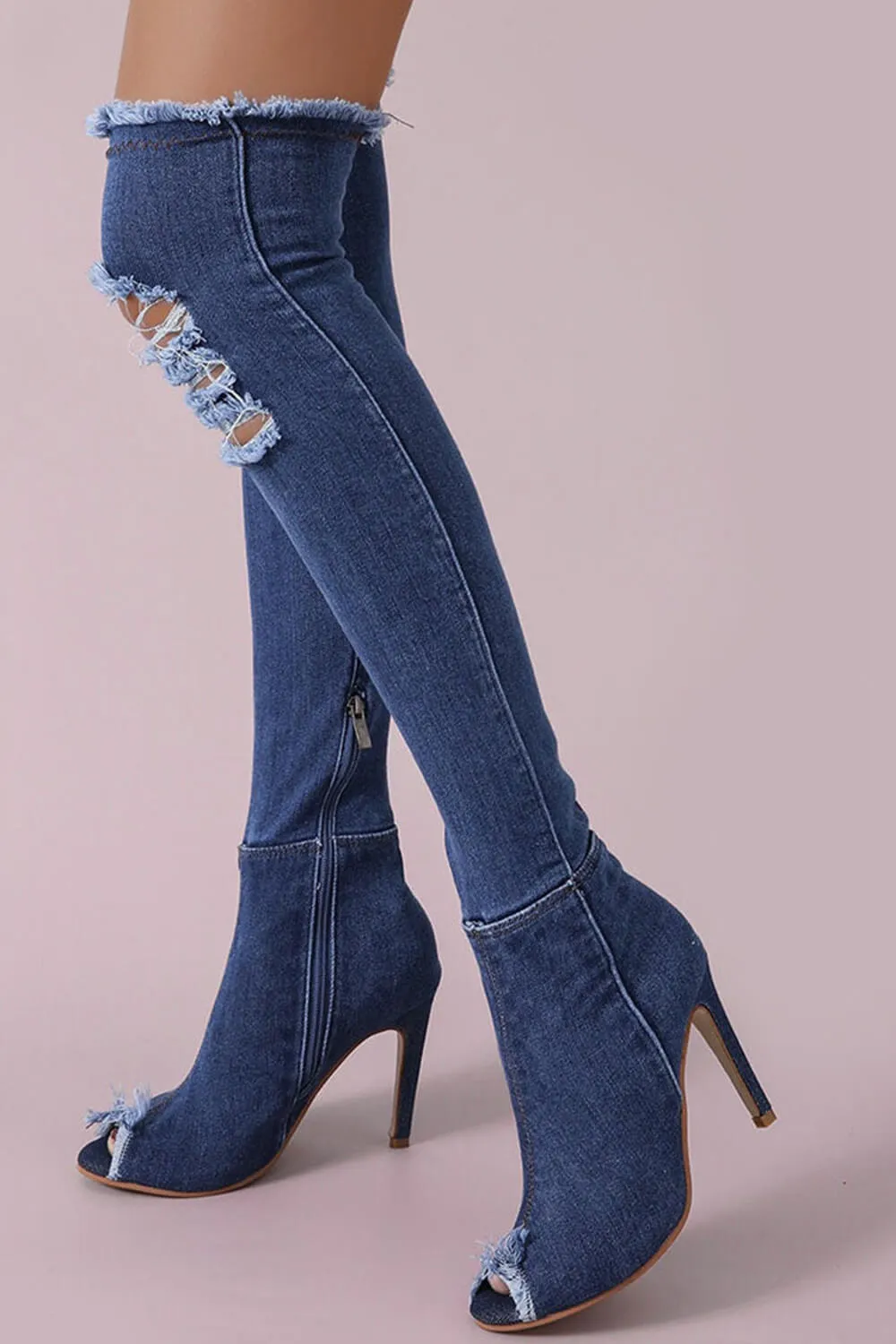 Denim Distressed Peep Toe Over-The-Knee Stiletto Boots sold by Floralkini product image thumbnail 4