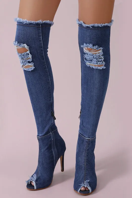 Denim Distressed Peep Toe Over-The-Knee Stiletto Boots sold by Floralkini