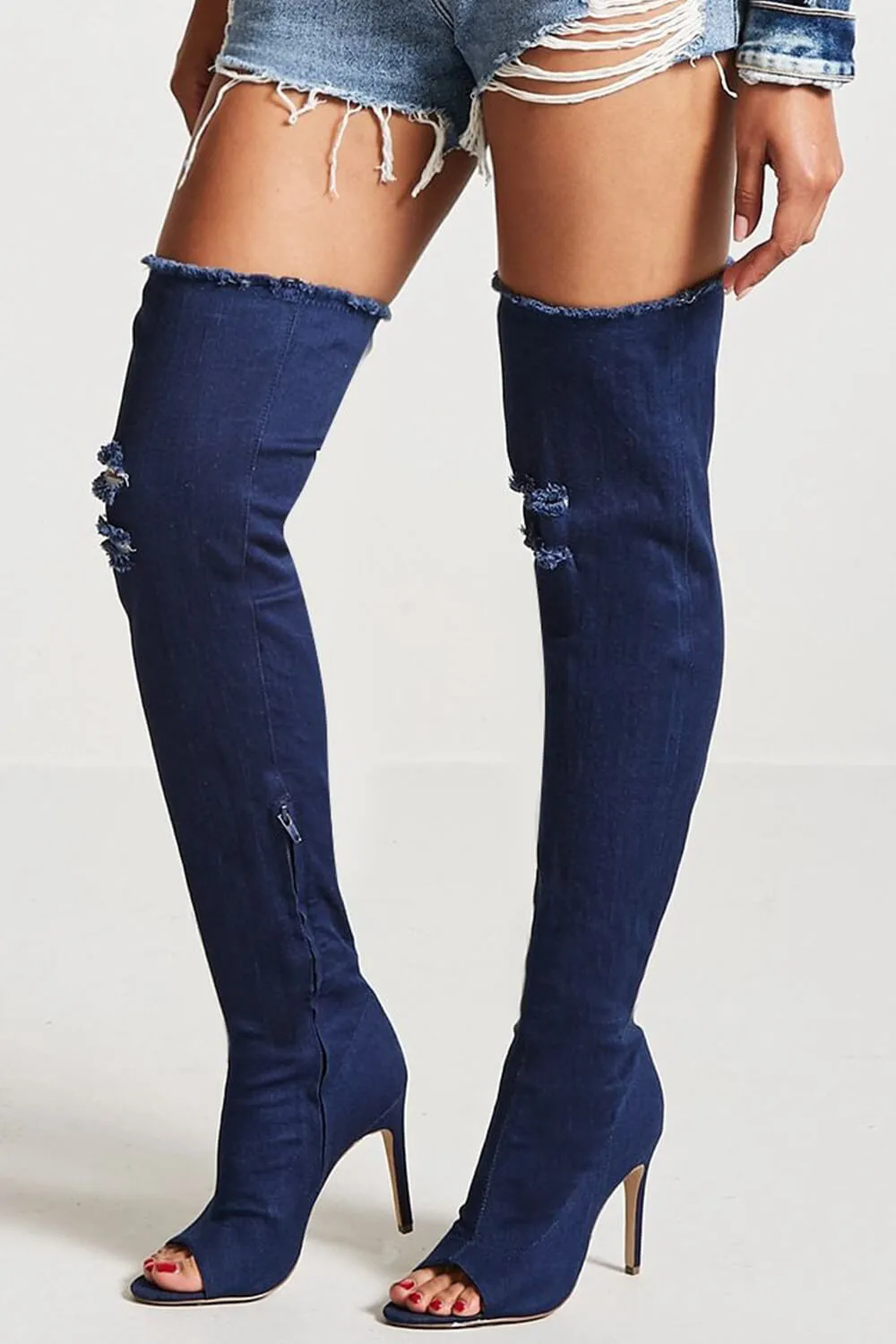 Denim Distressed Peep Toe Over-The-Knee Stiletto Boots sold by Floralkini product image thumbnail 5