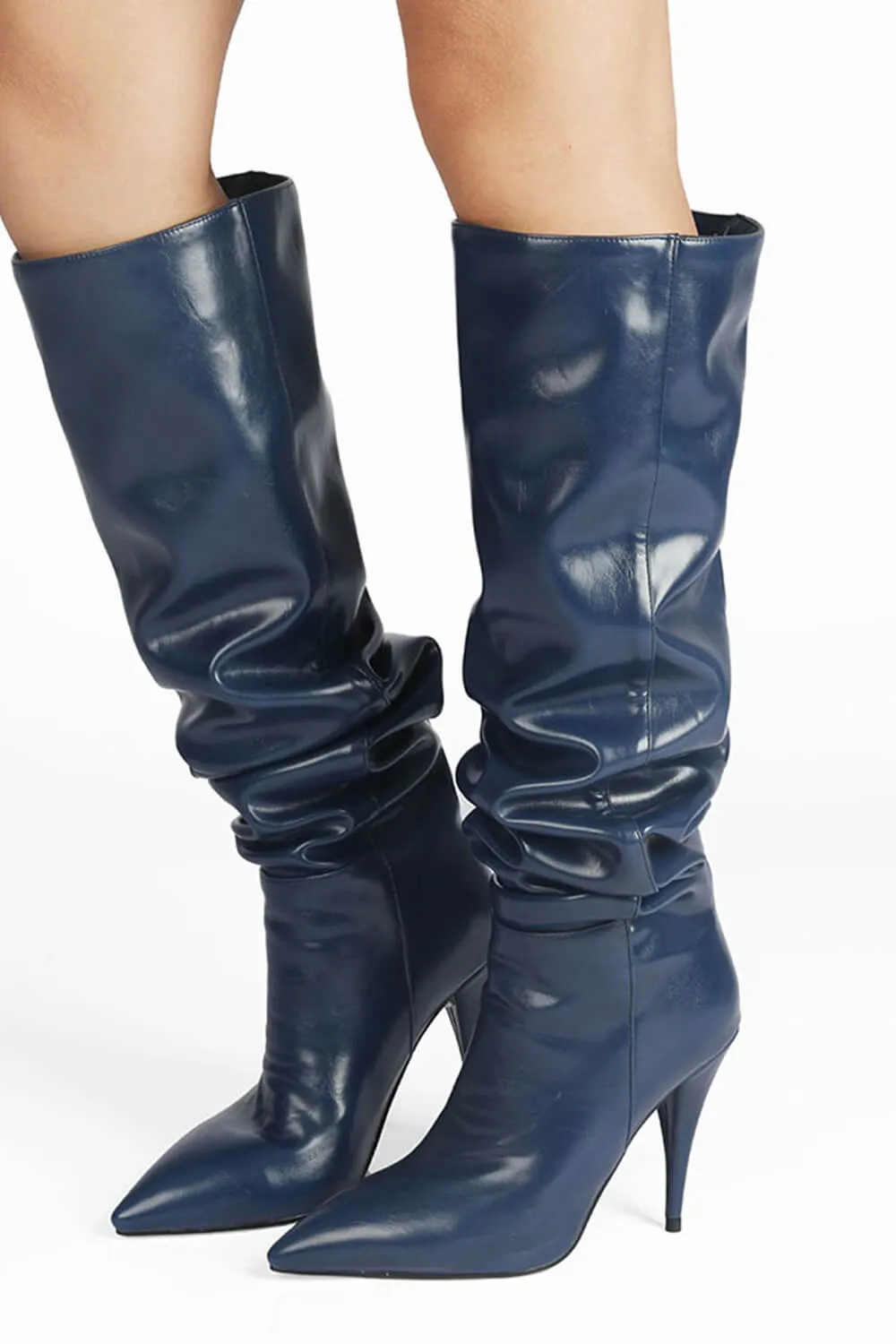 Faux Leather Scrunched Slouch Mid-Calf Pointed Toe Stiletto Heel Boots sold by Floralkini