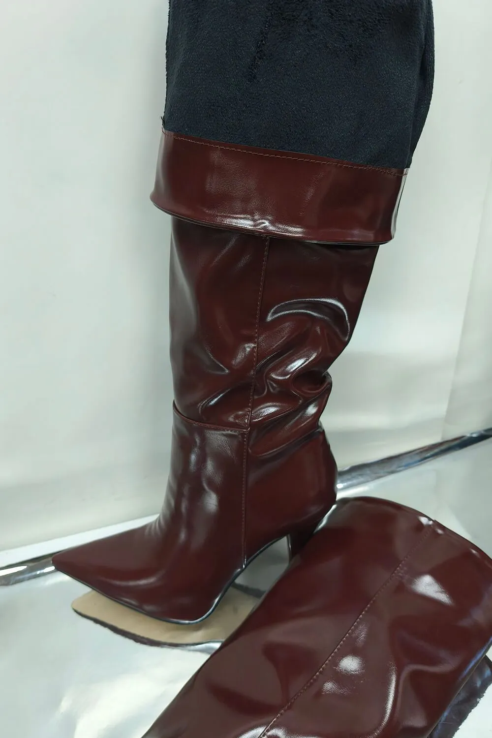 Faux Leather Scrunched Slouch Mid-Calf Pointed Toe Stiletto Heel Boots sold by Floralkini product image thumbnail 5