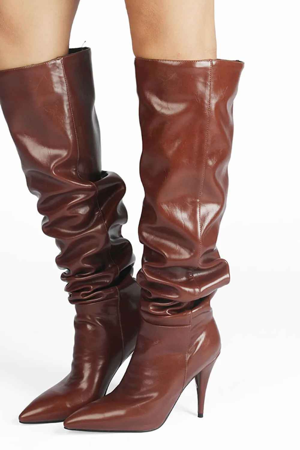 Faux Leather Scrunched Slouch Mid-Calf Pointed Toe Stiletto Heel Boots sold by Floralkini product image thumbnail 2