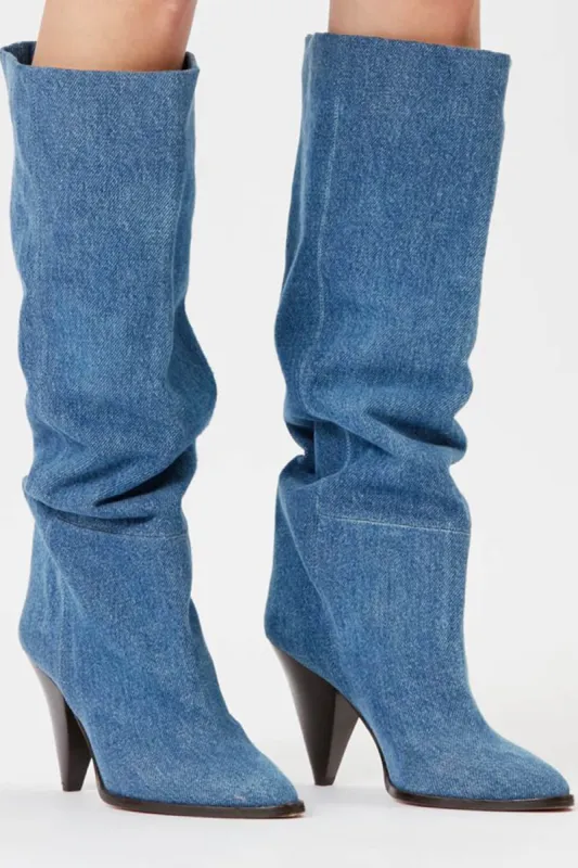 Denim Pointed-Toe Cone Heel Knee High Boots sold by Floralkini