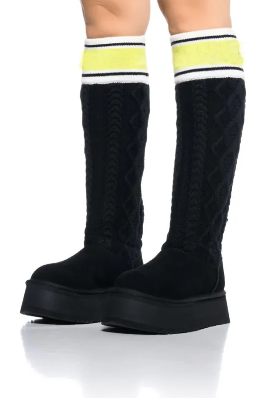 Slouchy Cable-Knit Flatform Boots - Black made by Floralkini