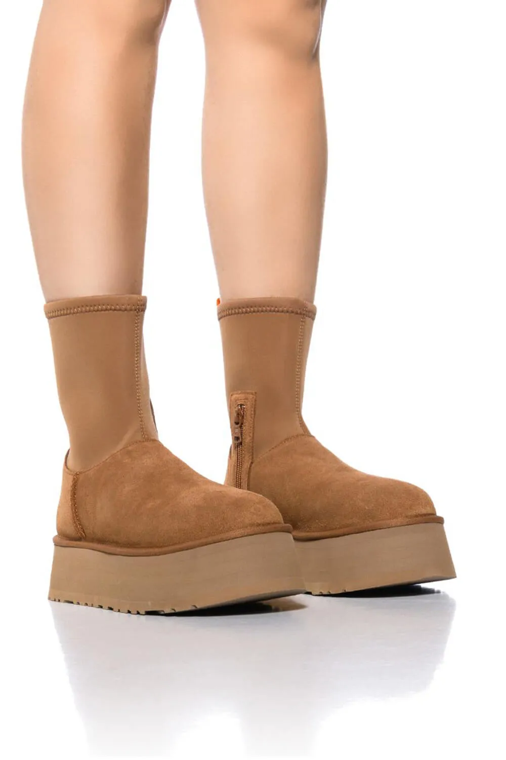 Faux Suede Stretch Zipper Flatform Ankle Boots - Chestnut sold by Floralkini