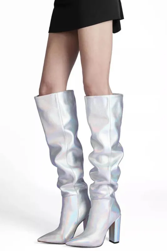 Metallic Silver Slouch Over-The-Knee Block Heeled Boots sold by Floralkini