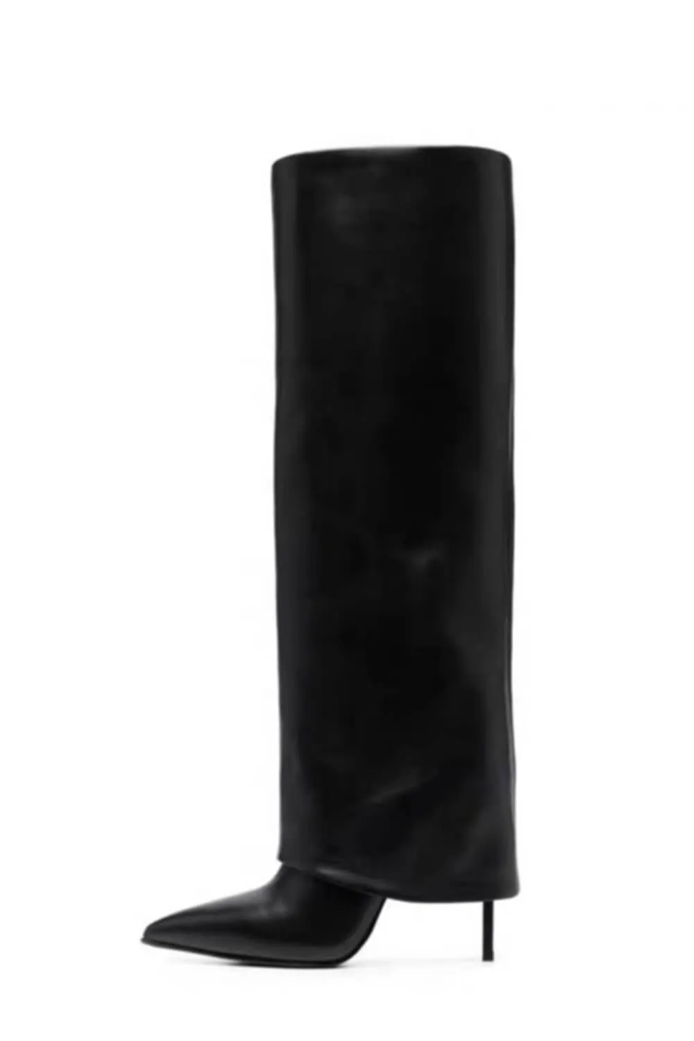 Black Faux Leather Folded Over Knee High Stiletto Heeled Boots sold by Floralkini product image thumbnail 2