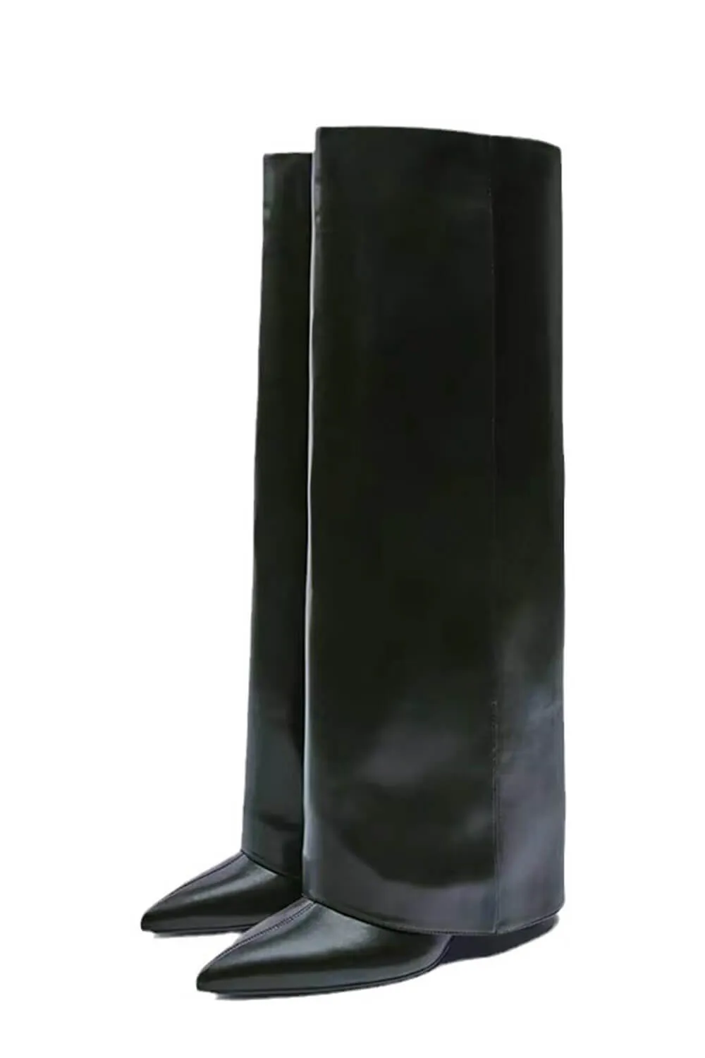 Black Faux Leather Folded Over Knee High Stiletto Heeled Boots sold by Floralkini product image thumbnail 3