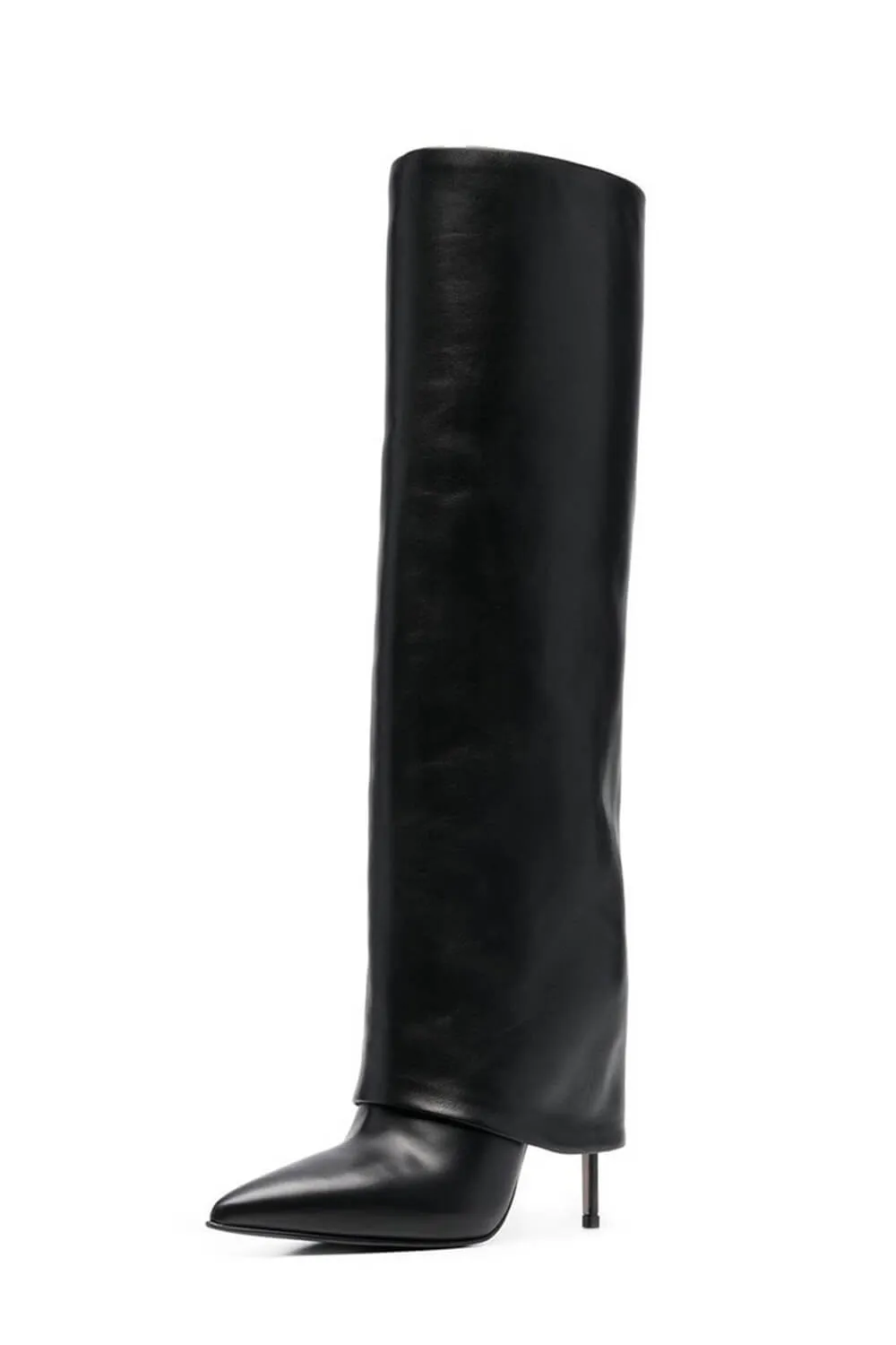 Black Faux Leather Folded Over Knee High Stiletto Heeled Boots sold by Floralkini product image thumbnail 4
