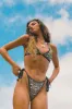 Printed Contrast Trim Triangle Halter Tie Side Bikini Set sold by Floralkini
