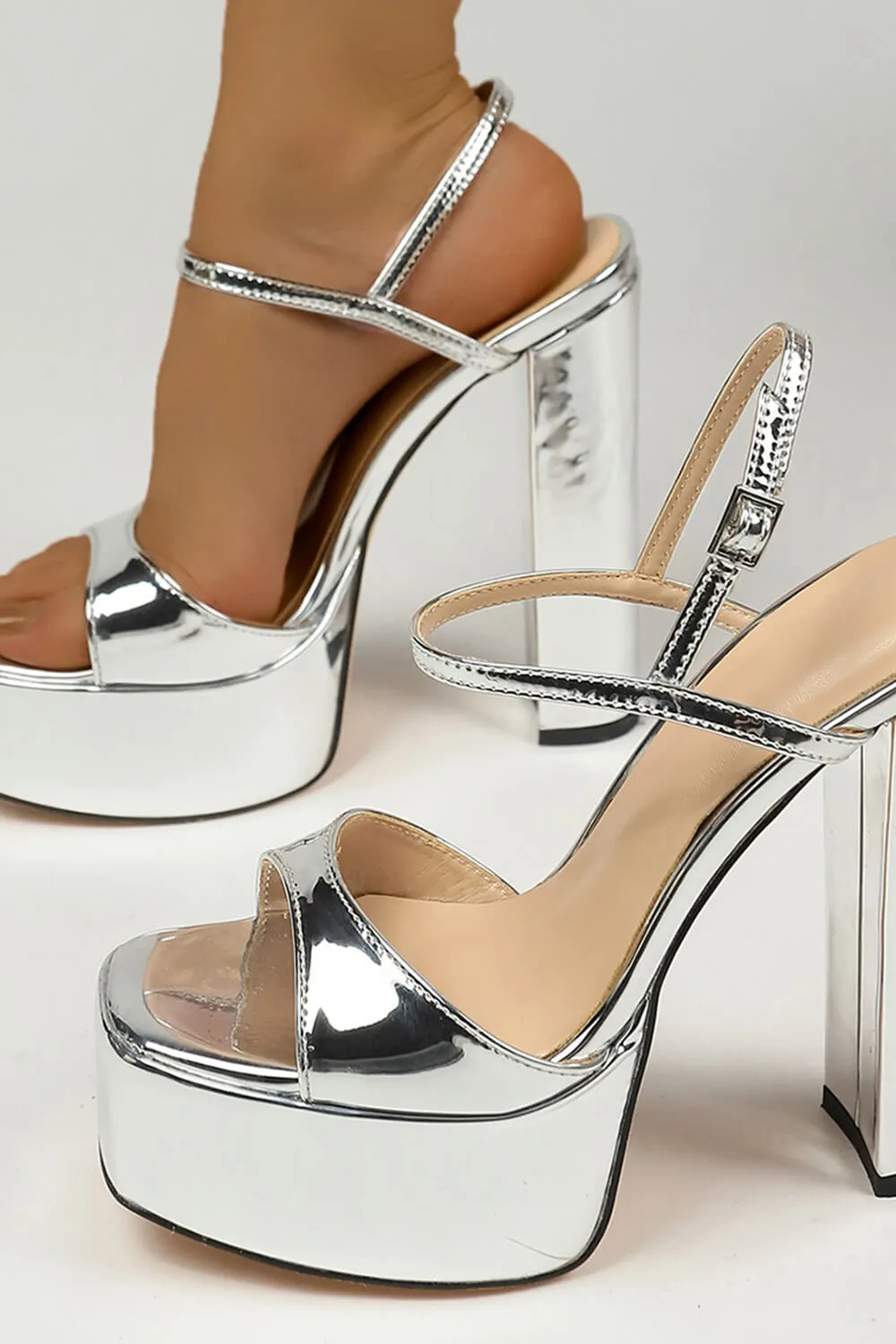 Metallic Silver Open Square Toe Platform Block Heels sold by Floralkini product image thumbnail 5