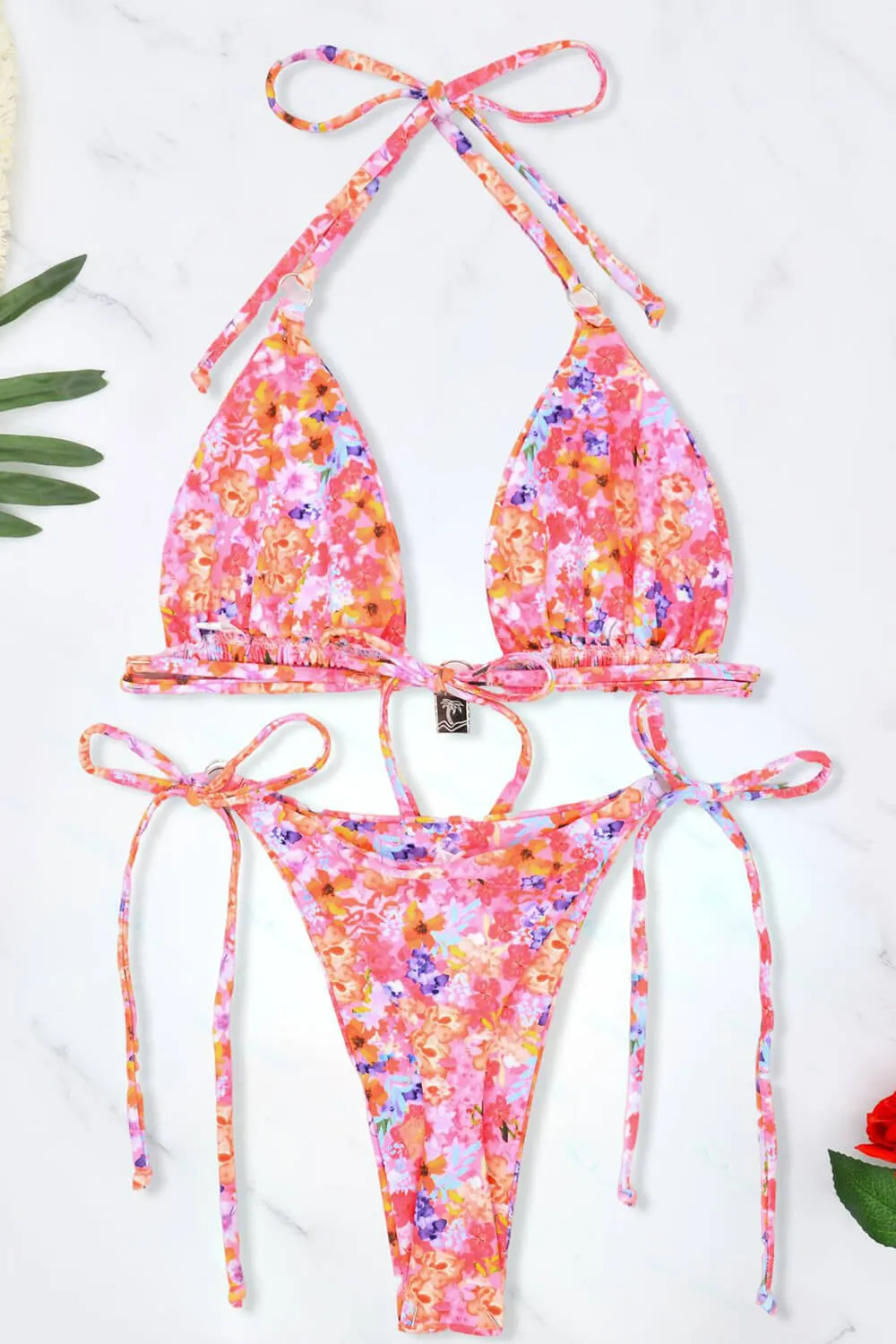 Floral Triangle Halter Tie Side Bikini Set With Ring Details sold by Floralkini product image thumbnail 5