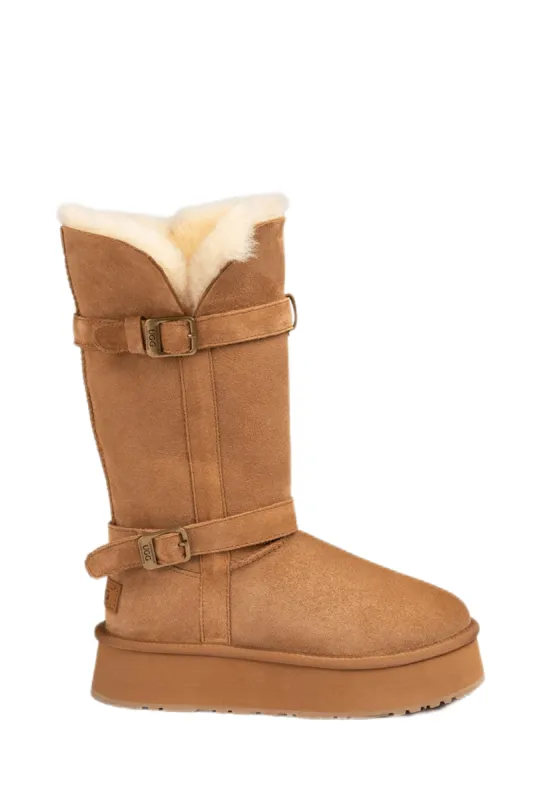 Faux Suede Buckle Belt Mid-Calf Flatform Boots sold by Floralkini