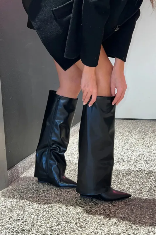 Faux Leather Folded Over Wedge Heeled Knee High Boots sold by Floralkini