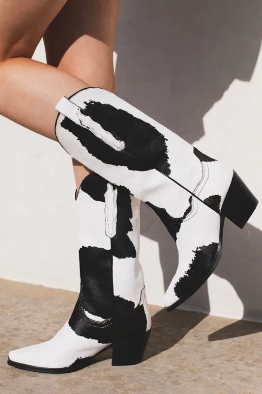 Calfskin Hair Cow Print Mid-Calf Western Heeled Boots sold by Floralkini