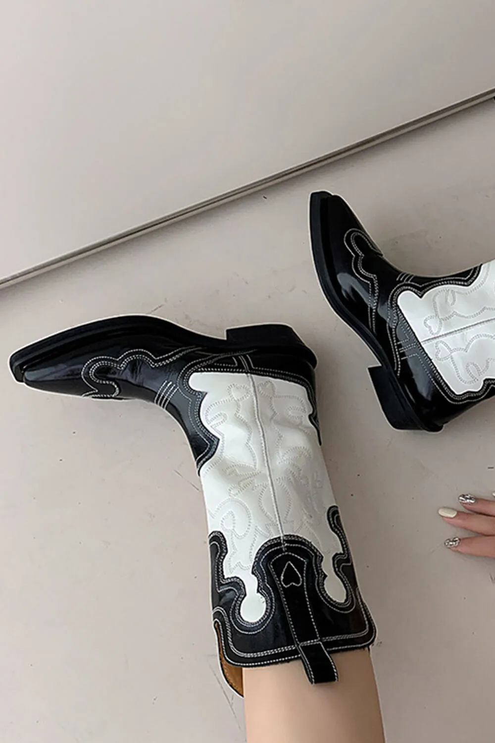 Black And White Embroidered Western Cowboy Pointed-Toe Mid-Calf Boots sold by Floralkini product image thumbnail 4