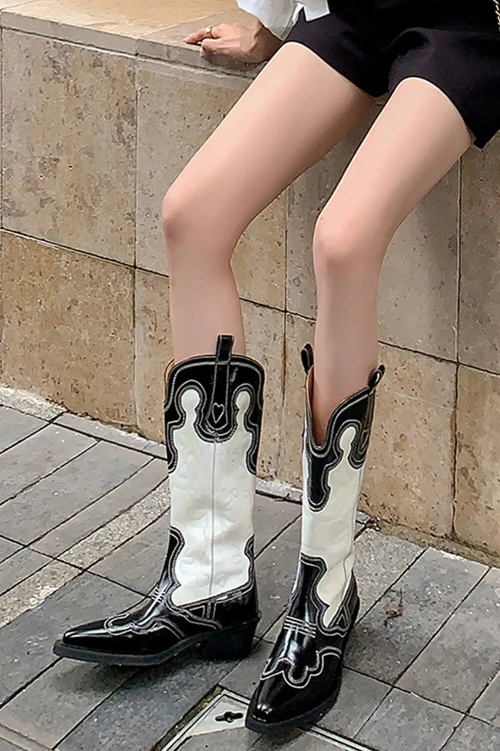 Black And White Embroidered Western Cowboy Pointed-Toe Mid-Calf Boots sold by Floralkini