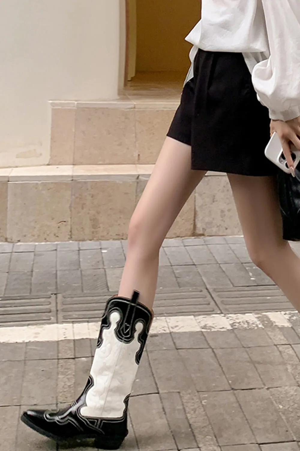 Black And White Embroidered Western Cowboy Pointed-Toe Mid-Calf Boots sold by Floralkini product image thumbnail 5